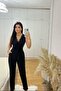 Black Lace Detail Belted Imported Crepe Jumpsuit
