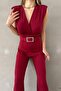 Burgundy Sandy Fabric Padded Belt Detail Jumpsuit - 5