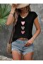 Women's Heart Printed V-Neck Loose Oversize T-Shirt - 5
