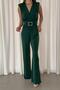 Green Sandy Fabric Padded Belt Detail Jumpsuit