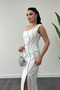 Atlas Fabric Stoned Stripe Detailed Evening Dress - White - 4