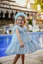 Girl's Evening Dress with Crown Accessory, Shoulder Ruffle Detail, Glitter and Bow, Girl's Birthday and Party Dress E