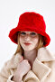Red Vegan Fur Plush Winter Women's Premium Bucket Hat - 2