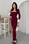 Women's Atlas Fabric Square Neck Sleeves Cuffed Pearl Burgundy Midi Pencil Evening Dress 365 - 5