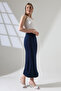 Women's Slim Fit Below Knee Single Slit Long Skirt 21921 Dark Blue - 2