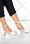 Molly White Vegan Pointed Toe Rhinestone Mesh Thick Heeled Evening Dress Bridal Shoes - 5