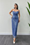 Full beaded fabric strapless evening dress - indigo blue