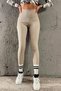 Women's Beige Corded Striped Leggings High Waist Durable Knitted Fabric Sports Leggings Gathering