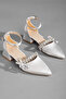 Women's Silver Satin Mini Heeled Shoes Stone Embroidered Pointed Toe Sveta