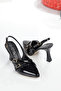 Women's Black Patent Leather Double Buckle Open Back High Heeled Shoes - 4