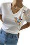 Women's White Off-Shoulder Bird Sequin Embroidery 100% Cotton Short Sleeve T-Shirt S-M-L-Xl-2Xl-3Xl - 4