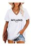 V-Neck Printed White Oversized T-Shirt Loose Boyfriend