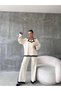 Women's Ecru Gold Buttoned Striped Knitwear Cardigan and Palazzo Trousers Top and Bottom Set Oversize Double Suit - 7