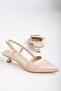 Beige Patent Leather Short Kitten 3 cm Heeled Women's Shoes with Pointed Toe