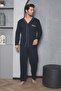 Smoked Piece Cotton Long Sleeve Men's Pajamas Set Navy Blue Gray U-3090 - 2