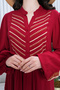 Women's Burgundy Authentic Embroidery Detailed Button Closure Placket Neckline Long Sleeve Long Dress - 6