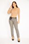 Women's Burgundy Plaid Patterned Hidden Belt Front Zipper Side Pocket Faux Leather Belt Detailed Classic Trousers - 8