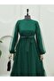 Tulle Dress with Sequin Detail on the Sleeves and Laces - Emerald - 4
