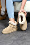 Mini Beige Suede Leather Ankle Boots with Real Fur Inside Flat Sole Women's Boots - 7