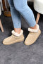 Mini Beige Suede Leather Ankle Boots with Real Fur Inside Flat Sole Women's Boots - 2