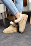 Mini Beige Suede Leather Ankle Boots with Real Fur Inside Flat Sole Women's Boots