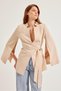 Light Beige Slim Fit Jacket with Sleeve Detail and Tie Detail at the Waist - 2