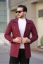 Men's New Season Button Detailed Slim Fit Double Breasted Lapel Burgundy Cashew Coat - 3