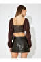 X Zeynep Bastık - Faux Leather Crop Blouse Textured Balloon Long Sleeve Heart Collar Tie Slim Fit - 4