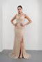 Women's Beige Slim Fit V-Neck Sequined Long Evening Dress - 2