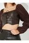 X Zeynep Bastık - Faux Leather Crop Blouse Textured Balloon Long Sleeve Heart Collar Tie Slim Fit - 5
