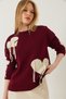 Women's Burgundy Ecru Heart Fringed Knitwear Sweater 20246860 - 3
