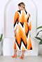 Women's Orange Zigzag Pattern Double Breasted Collar Balloon Sleeve Maxi Length Wrap Dress - 6