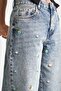 Women's Denim Color 4S5-65 Floral Embroidered Loose Fit Mid Waist 100% Cotton Denim Jean - 3