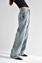 Women's Denim Color 4S5-65 Floral Embroidered Loose Fit Mid Waist 100% Cotton Denim Jean - 4
