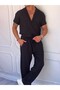 Men's Black Knitted Patterned Cotton Woven Oversized Cut Bottom Top Set