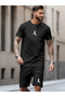 Unisex Black 2-Piece Set T-Shirt Shorts Combed Cotton Fabric Football Player Print - 2