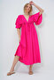 Women's Fuchsia V-Neck Backless Tie Detailed Front Buttoned Summer Poplin Dress Alc-X13582