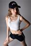 Black Knitted Fabric Striped High Waist Shorts with Elastic Waist Adjustable Lacing - 4