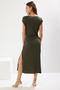 Haki Düz Büzgü / Drape Midi Büzgü Drape Detaylı Kruvaze Yaka  Örme Elbise TWOSS25EL00098 - 5