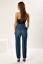 Koyu Mavi Yüksek Bel Düz Kesim Straight %100 Pamuk Non-Stretch Jeans TWOSS23JE00089 - 5