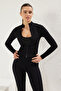 Siyah Seamless/Dikişsiz Fermuarlı Dik Yaka Örme Spor Ceket/Sweatshirt THMSS25SK00001