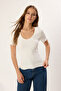 Navy-Ecru Cotton Ribbed V-Neck Stretchy Knitted Blouse Twoss25Bz00405 - 5