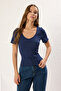 Navy-Ecru Cotton Ribbed V-Neck Stretchy Knitted Blouse Twoss25Bz00405 - 2