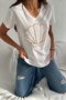 Women's White V-Neck Seashell Sequin Embroidered 100% Cotton T-Shirt - 4