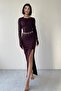 Women's Stretchy Sandy Fabric Back Drawstring and Low-Cut Lace-Up Hand-Held Midi Brown Dress 328