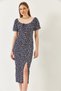 Women's Navy Blue Carmen Collar Slit Summer Knitted Dress 70292 60271034 - 2