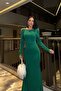 Backless, pearl detailed, glittery crepe evening dress green - 2