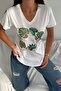 Women's White V-Neck Tropical Leaf Sequin Sequin Embroidered 100% Cotton T-Shirt - 4