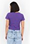 Women Crew Neck Short Sleeves Printed Cropped Top, Purple - 4
