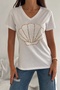 Women's White V-Neck Seashell Sequin Embroidered 100% Cotton T-Shirt - 6